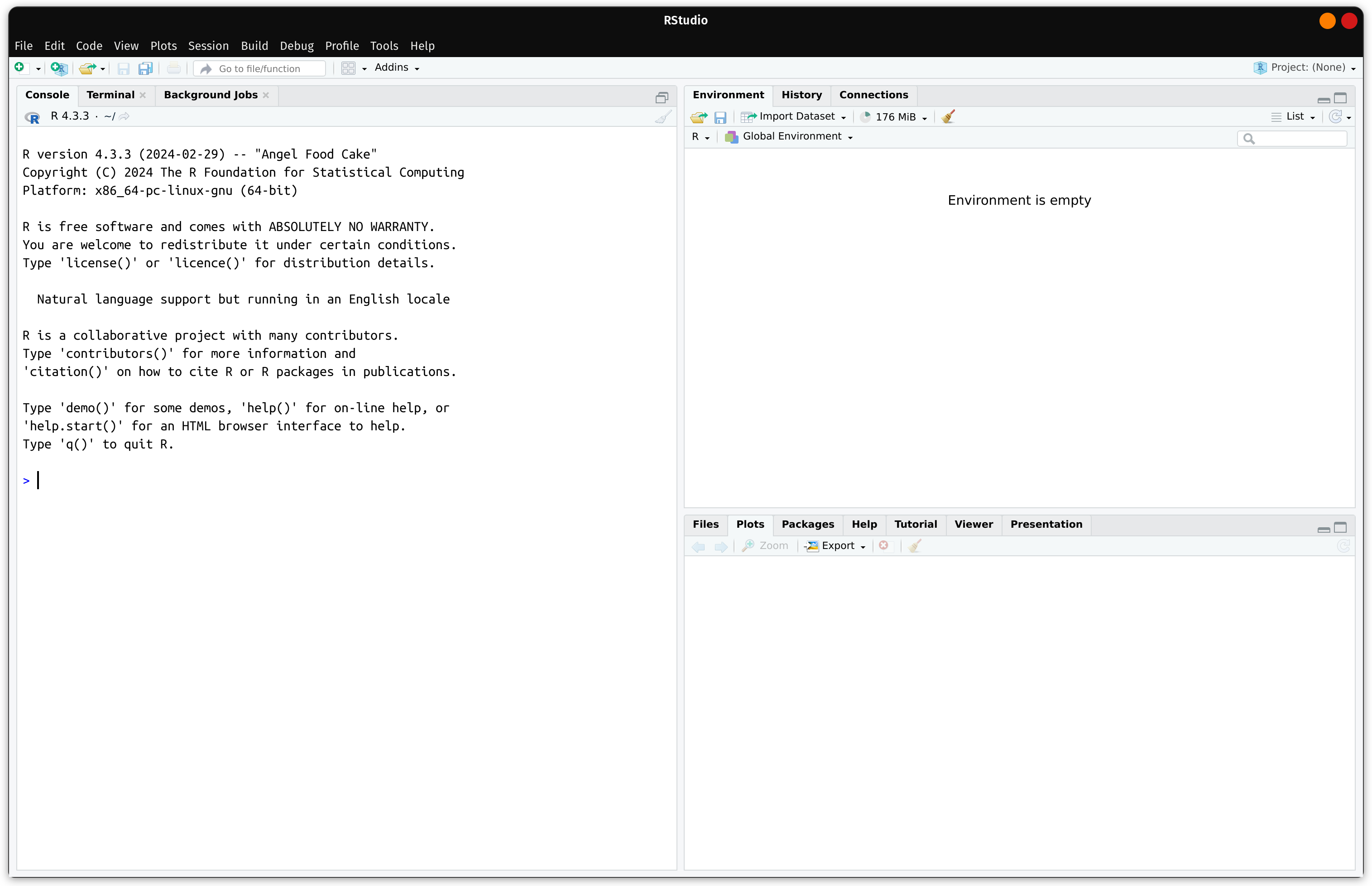 An image of the RStudio IDE. There are 3 panes displayed with the console, environment, and plots showing. Majority of the panes are empty except for the console which contains the R startup message.
