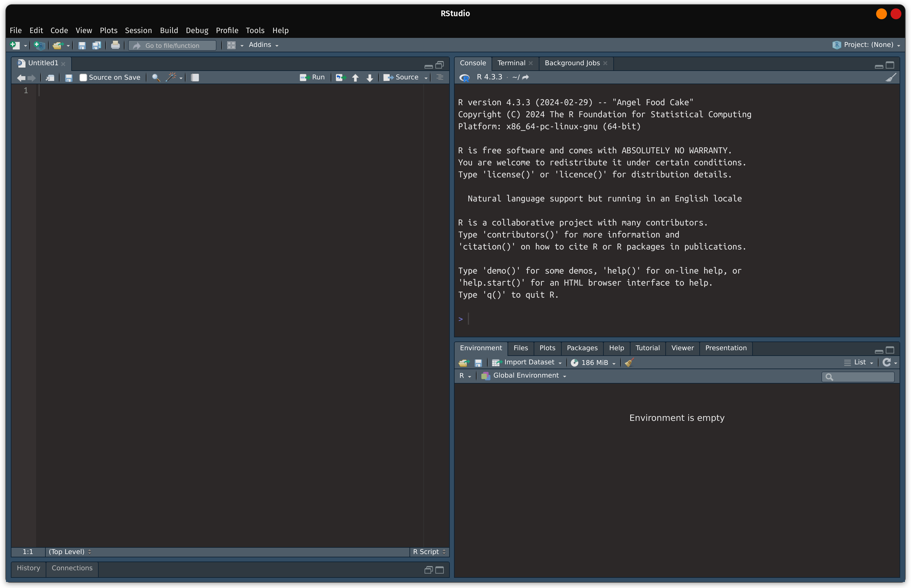 The RStudio IDE is displayed with 3 panes: source, console, and environment. The source pane is expanded to cover half the image.