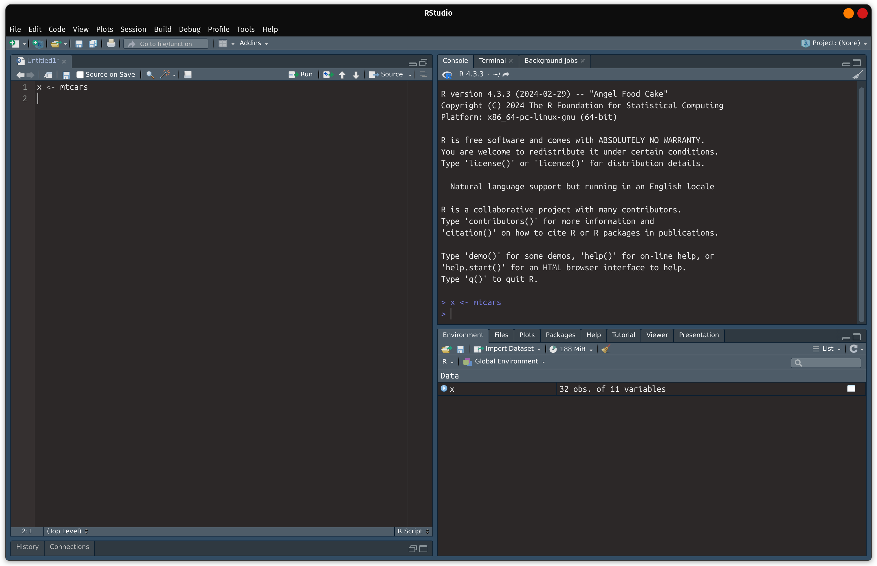 The RStudio IDE is displayed with 3 panes: source, console, and environment. The source pane is expanded to cover half the image. The source pane contains written code, the console shows executed code, and environment shows objects created.