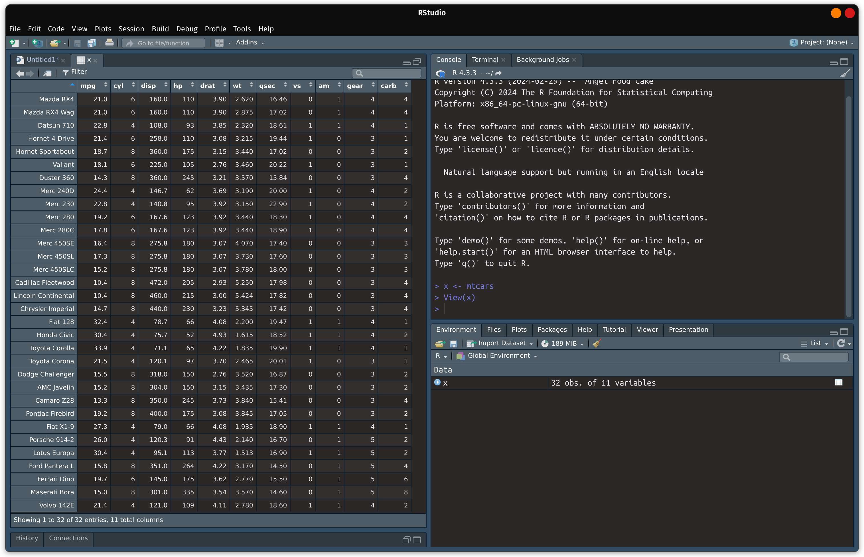 The RStudio IDE is displayed with 3 panes: source, console, and environment. The source pane is expanded to cover half the image. The source pane displays a data set.