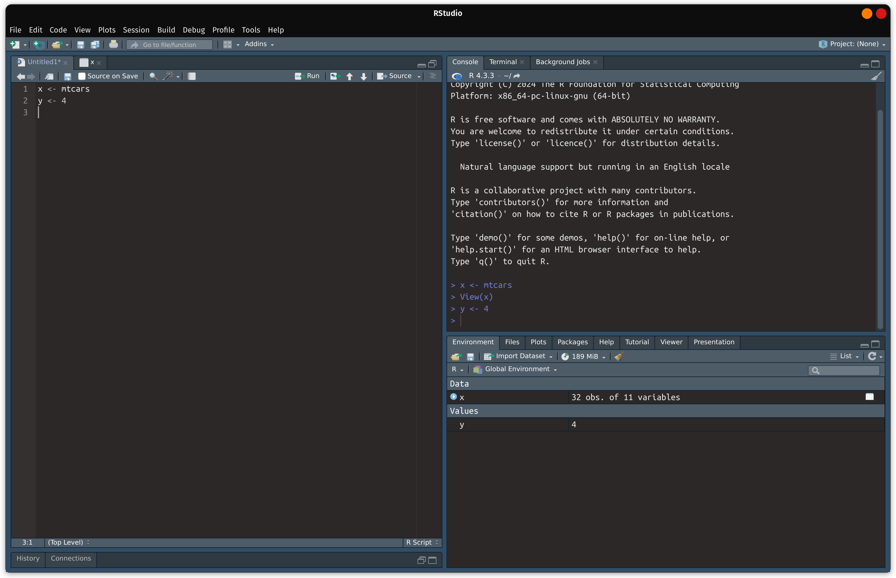 The RStudio IDE is displayed with 3 panes: source, console, and environment. The source pane is expanded to cover half the image. The source pane contains written code, the console shows executed code, and environment shows objects created.
