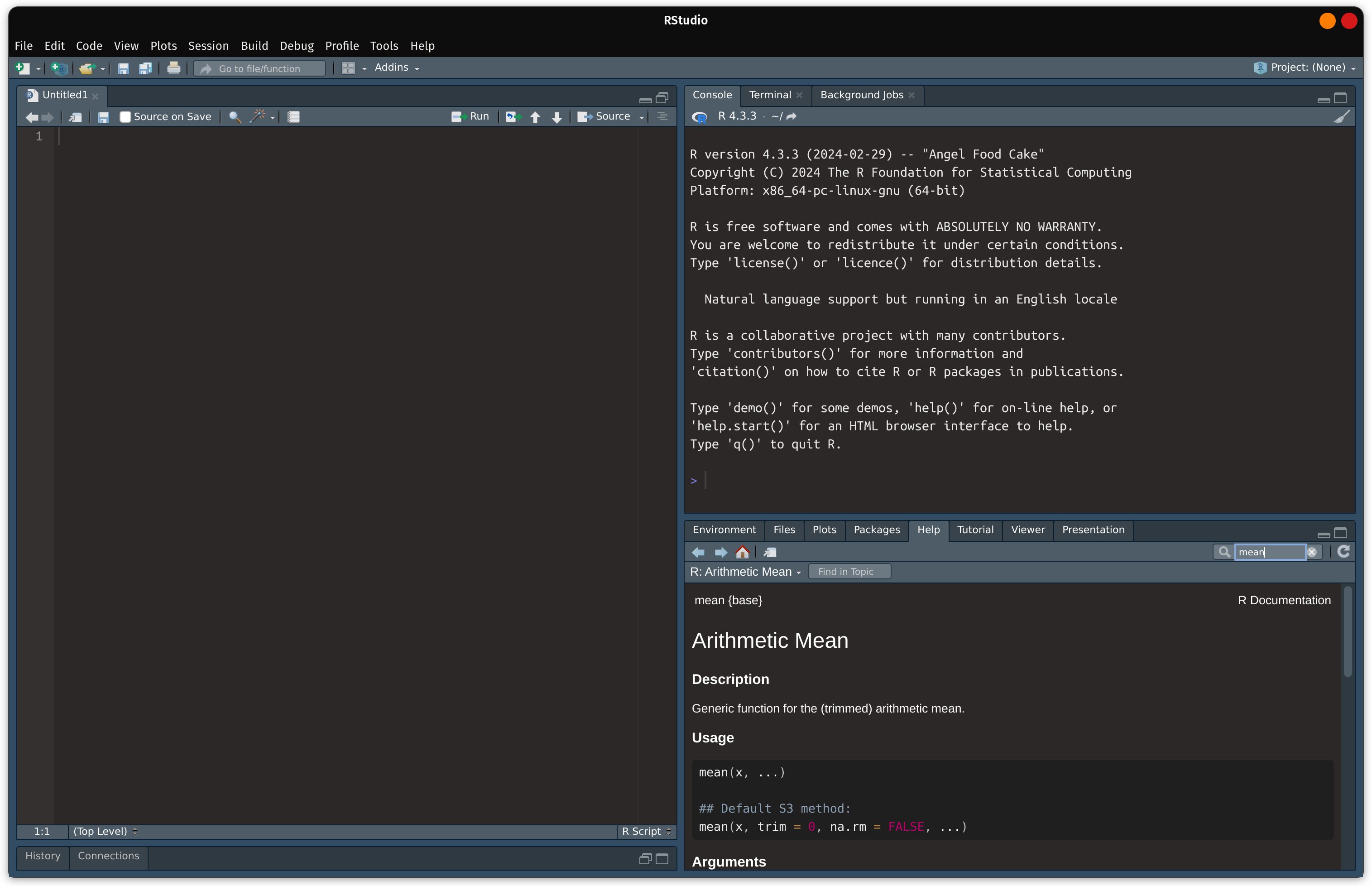 The RStudio IDE is displayed with 3 panes: source, console, and help documentation on the mean function. The source pane is expanded to cover half the image.
