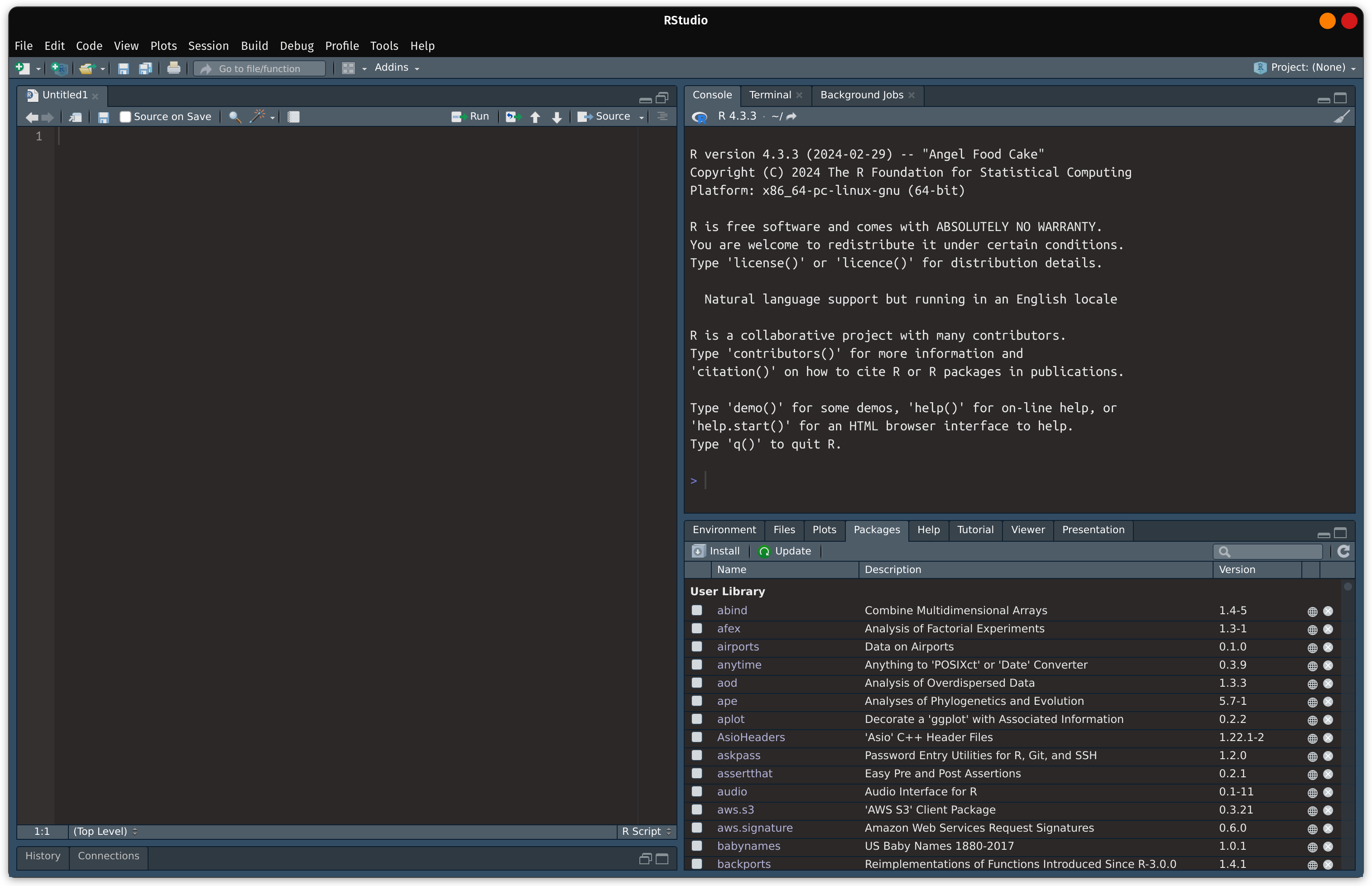 The RStudio IDE is displayed with 3 panes: source, console, and R packages installed on computer. The source pane is expanded to cover half the image.