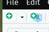 A zoomed portion of Rstudio showing add buttons for new files or RStudio Projects.