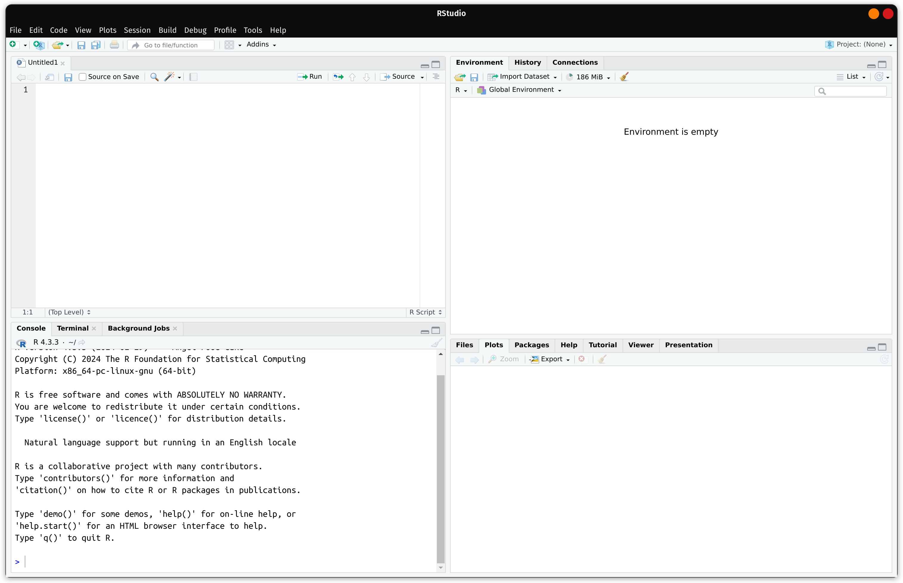 An image of the RStudio IDE. There are 4 panes displayed with the script (source) console, environment, and plots showing. Majority of the panes are empty except for the console which contains the R startup message.