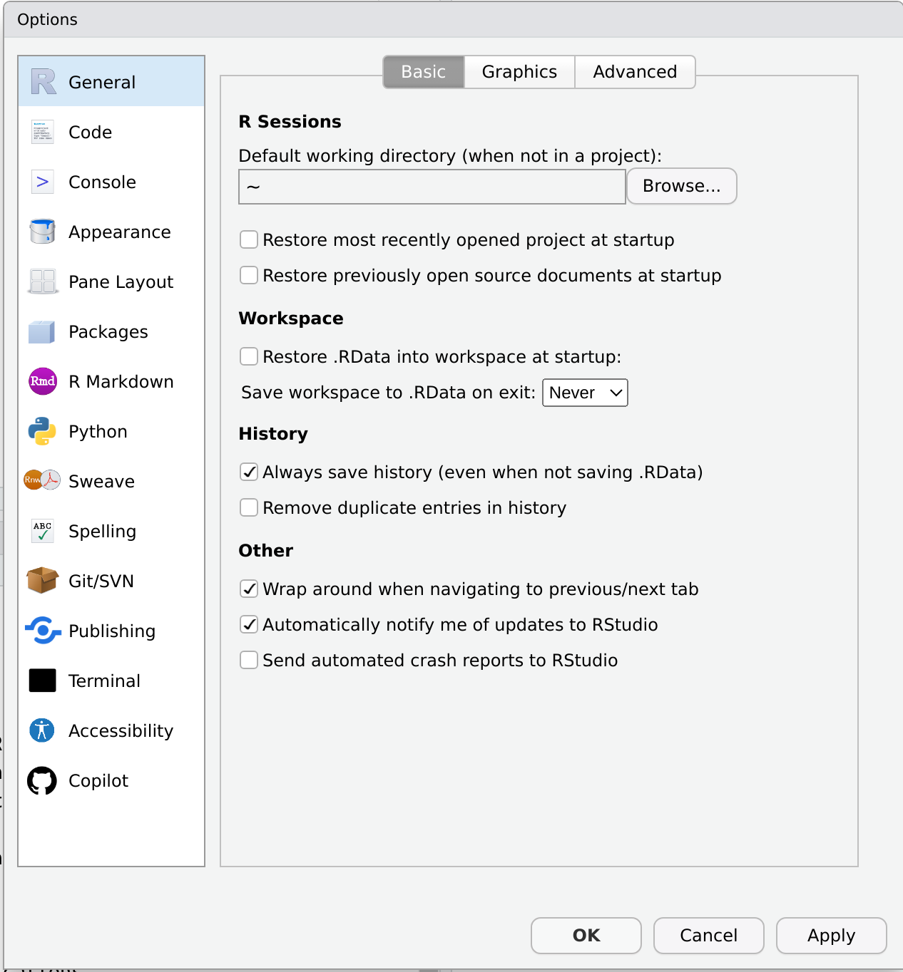 The global options of RStudio are displayed. The "R General" options are displayed.