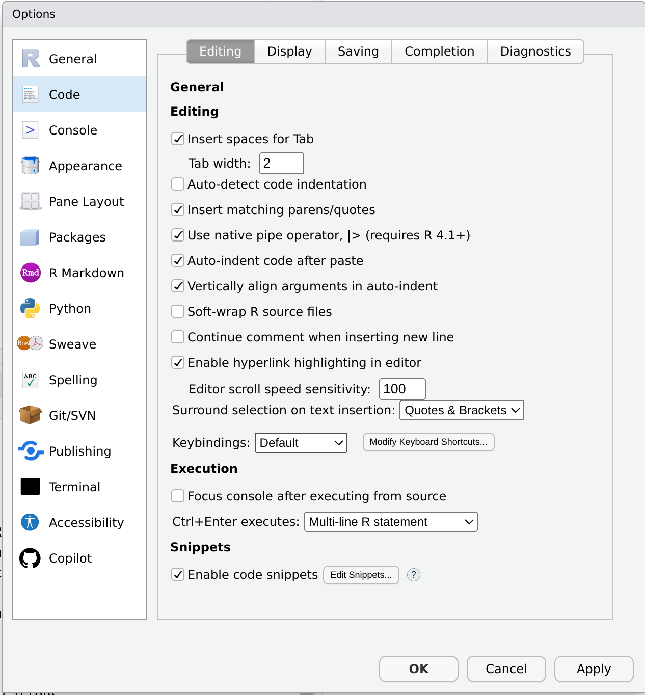 The global options of RStudio are displayed. The "Code" options are displayed.