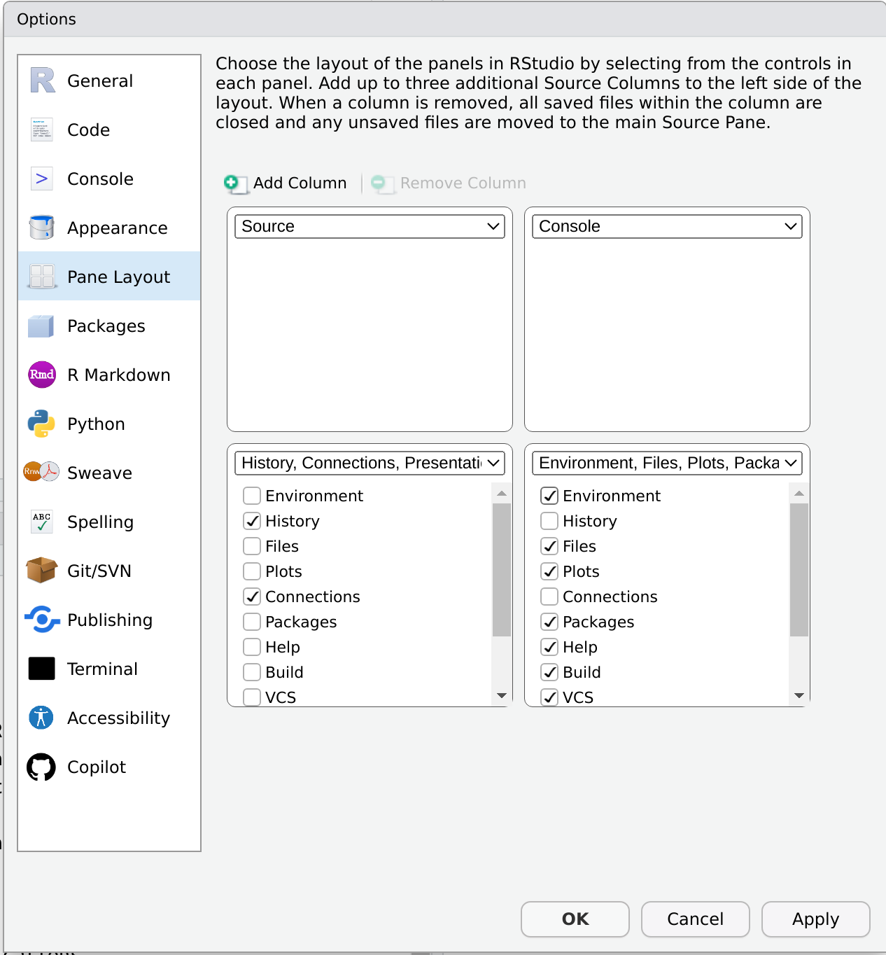 The global options of RStudio are displayed. The "Pane Layout" options are displayed to control how the panes are organized in RStudio.