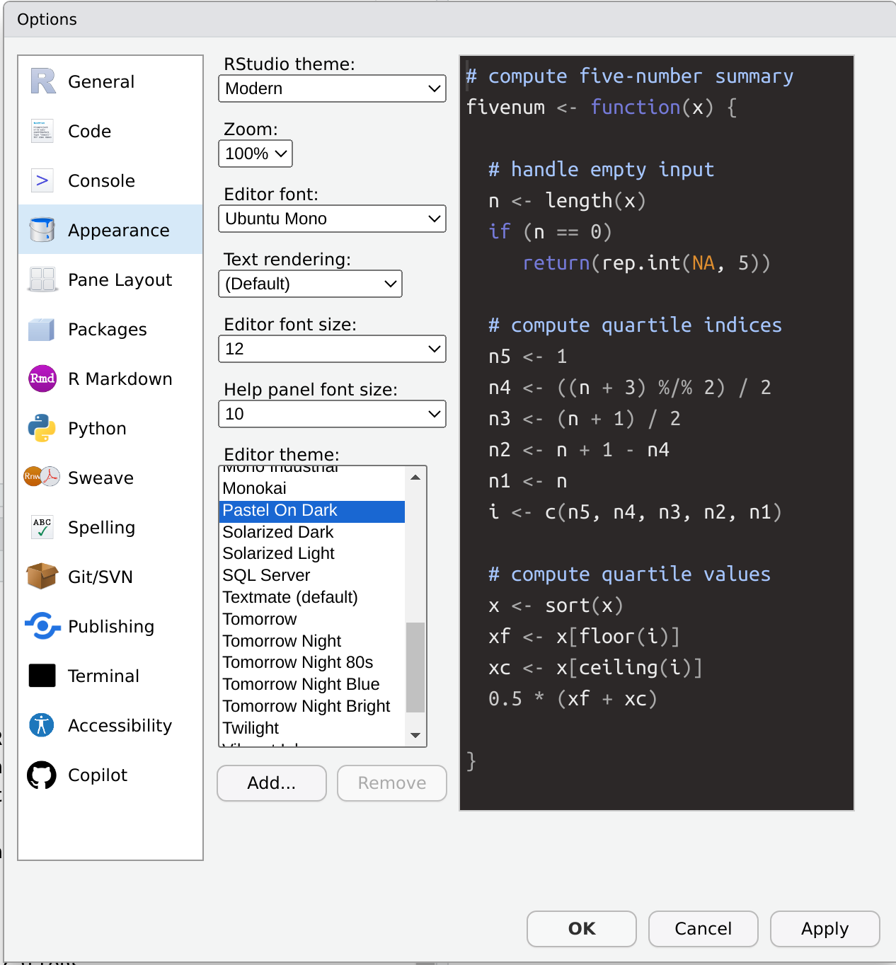 The global options of RStudio are displayed. The "Appearance" options are displayed with code colors are changed.