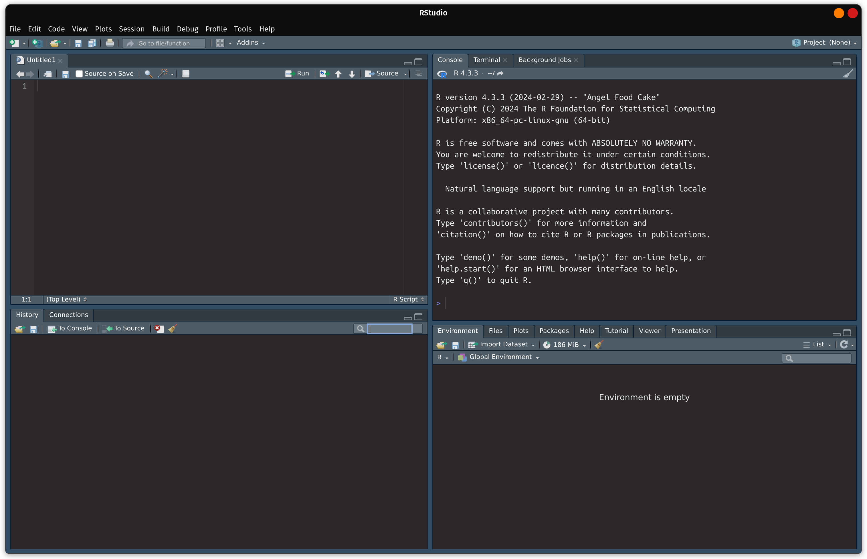 The RStudio IDE is displayed with 4 panes: source, history, console, and environment.
